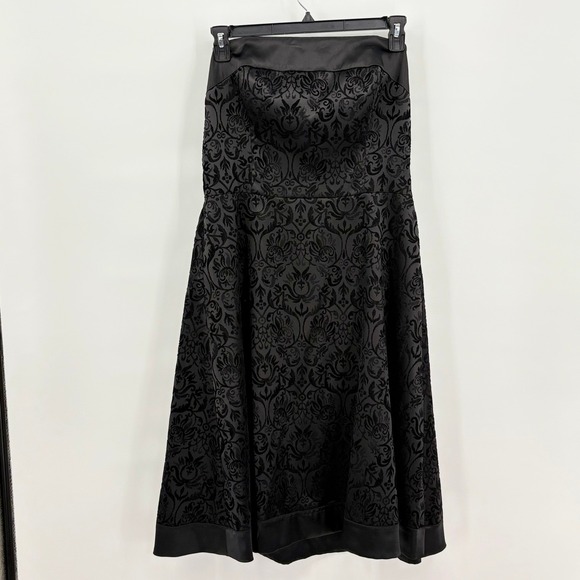 White House Black Market Dresses & Skirts - White House Black Market Black Damask Strapless Midi Dress Satin Trim Size 14